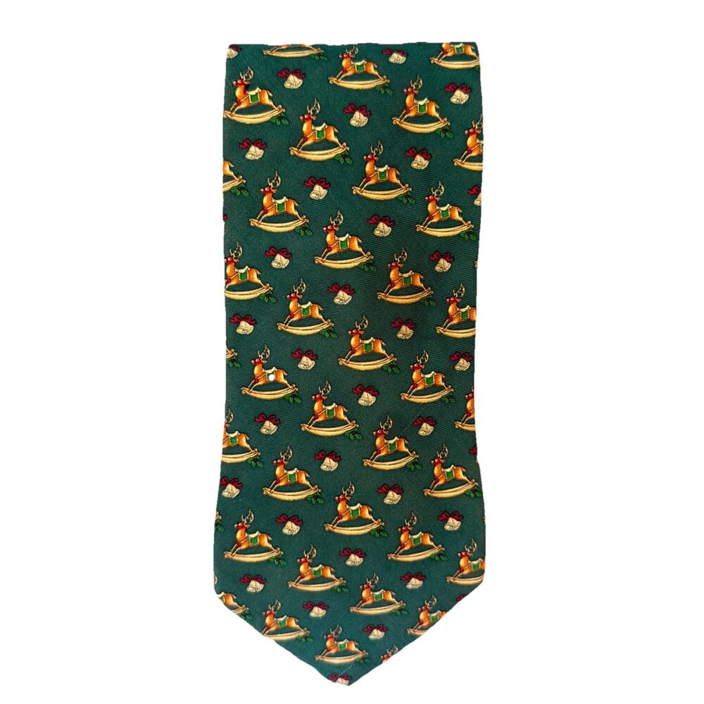 Brook Brothers Tie Necktie Christmas Holiday Rocking Reindeer Green Party Gift